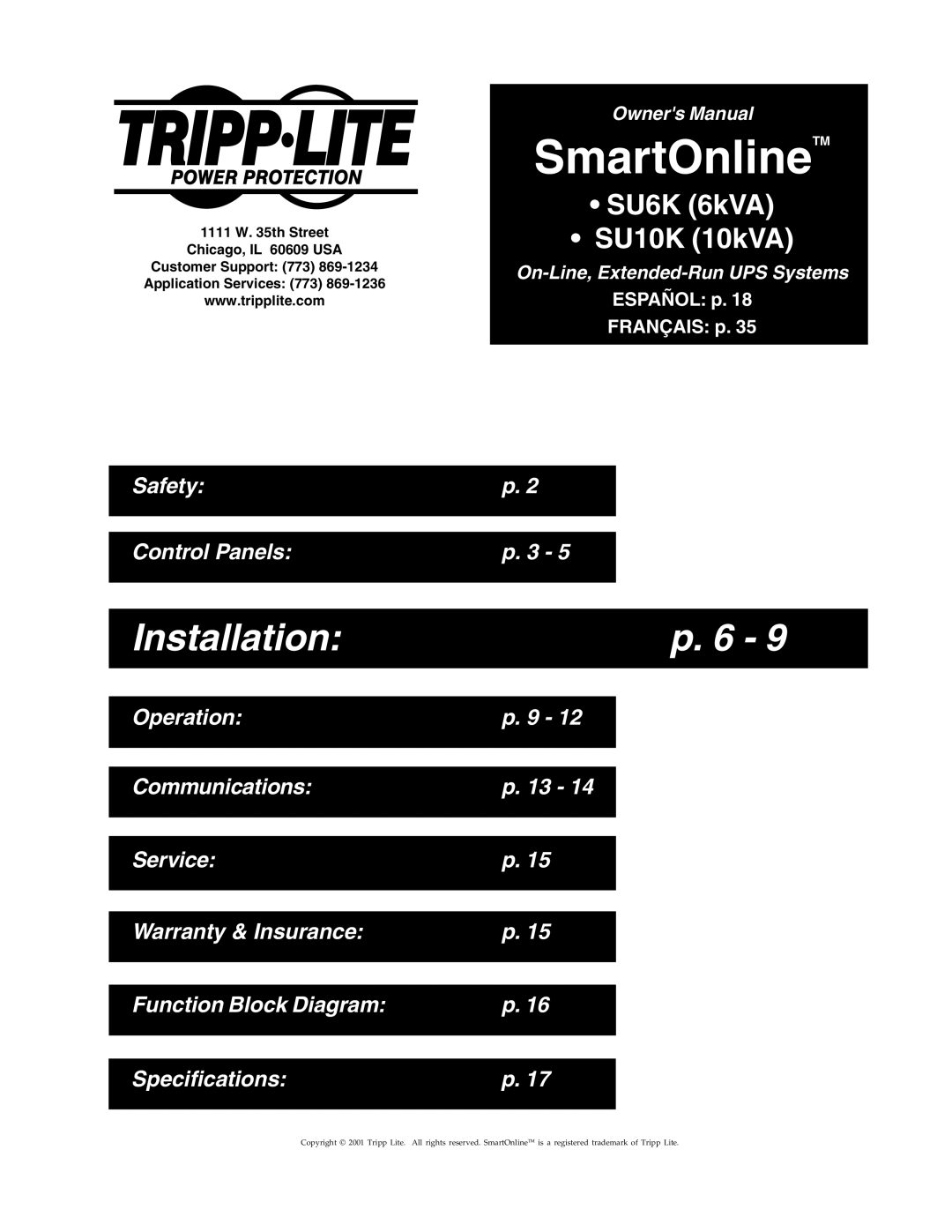 Tripp Lite SU10K owner manual SmartOnlineTM 