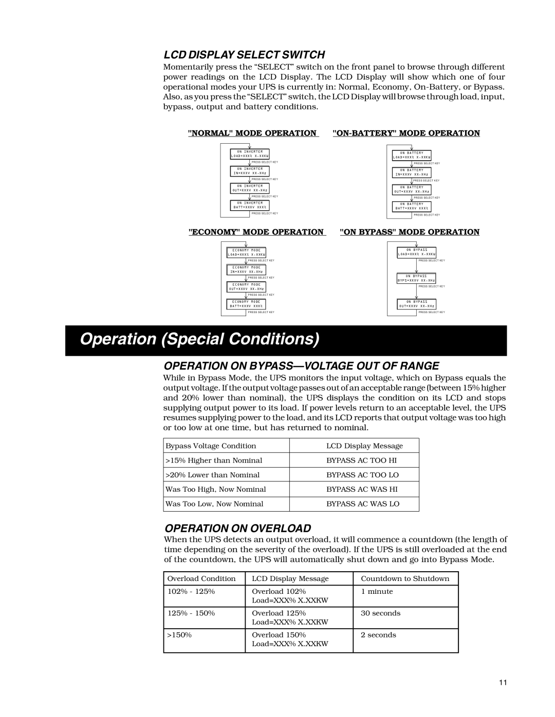 Tripp Lite SU10K Operation Special Conditions, LCD Display Select Switch, Operation on BYPASS-VOLTAGE OUT of Range 