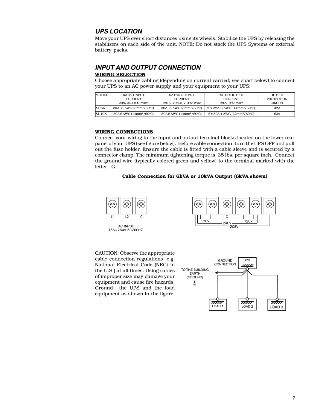Tripp Lite SU10K owner manual UPS Location, Input and Output Connection, Wiring Selection, Wiring Connections 