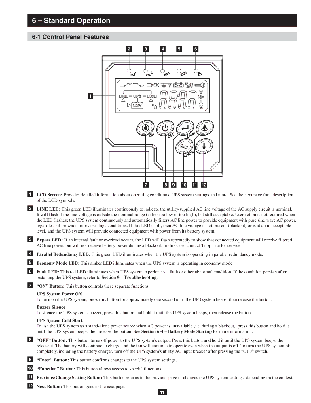 Tripp Lite SU10KRT1X, SU10KRT3 owner manual Standard Operation, Control Panel Features 