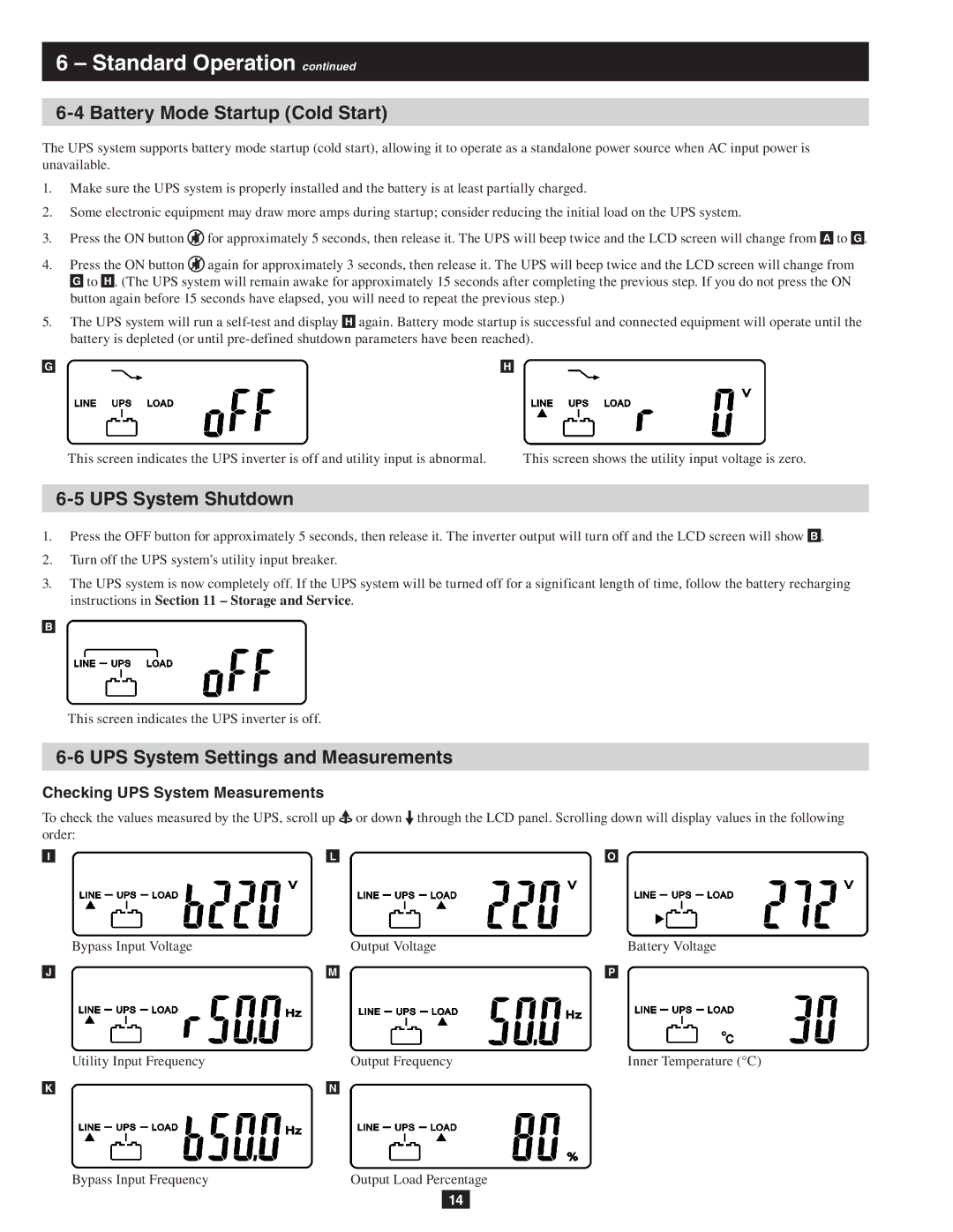 Tripp Lite SU10KRT3, SU10KRT1X Battery Mode Startup Cold Start, UPS System Shutdown, UPS System Settings and Measurements 