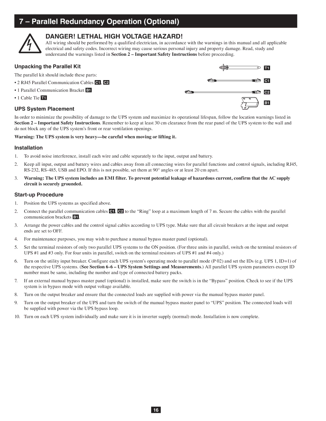 Tripp Lite SU10KRT3 Parallel Redundancy Operation Optional, UPS System Placement, Installation, Start-up Procedure 