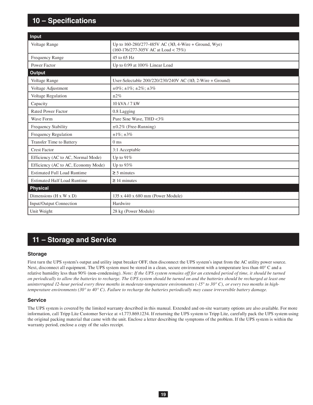 Tripp Lite SU10KRT1X, SU10KRT3 owner manual Specifications, Storage and Service 