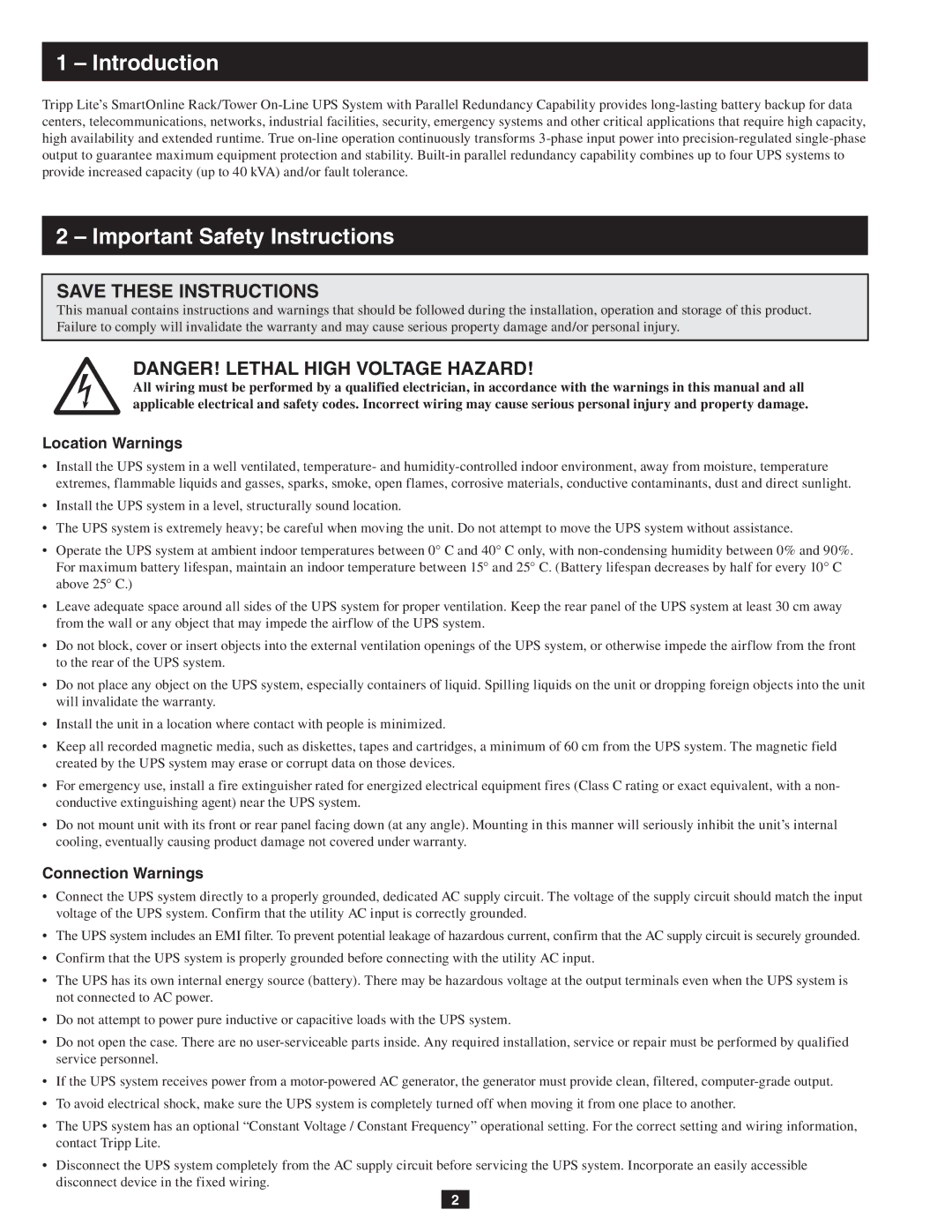 Tripp Lite SU10KRT3, SU10KRT1X Introduction, Important Safety Instructions, Location Warnings, Connection Warnings 