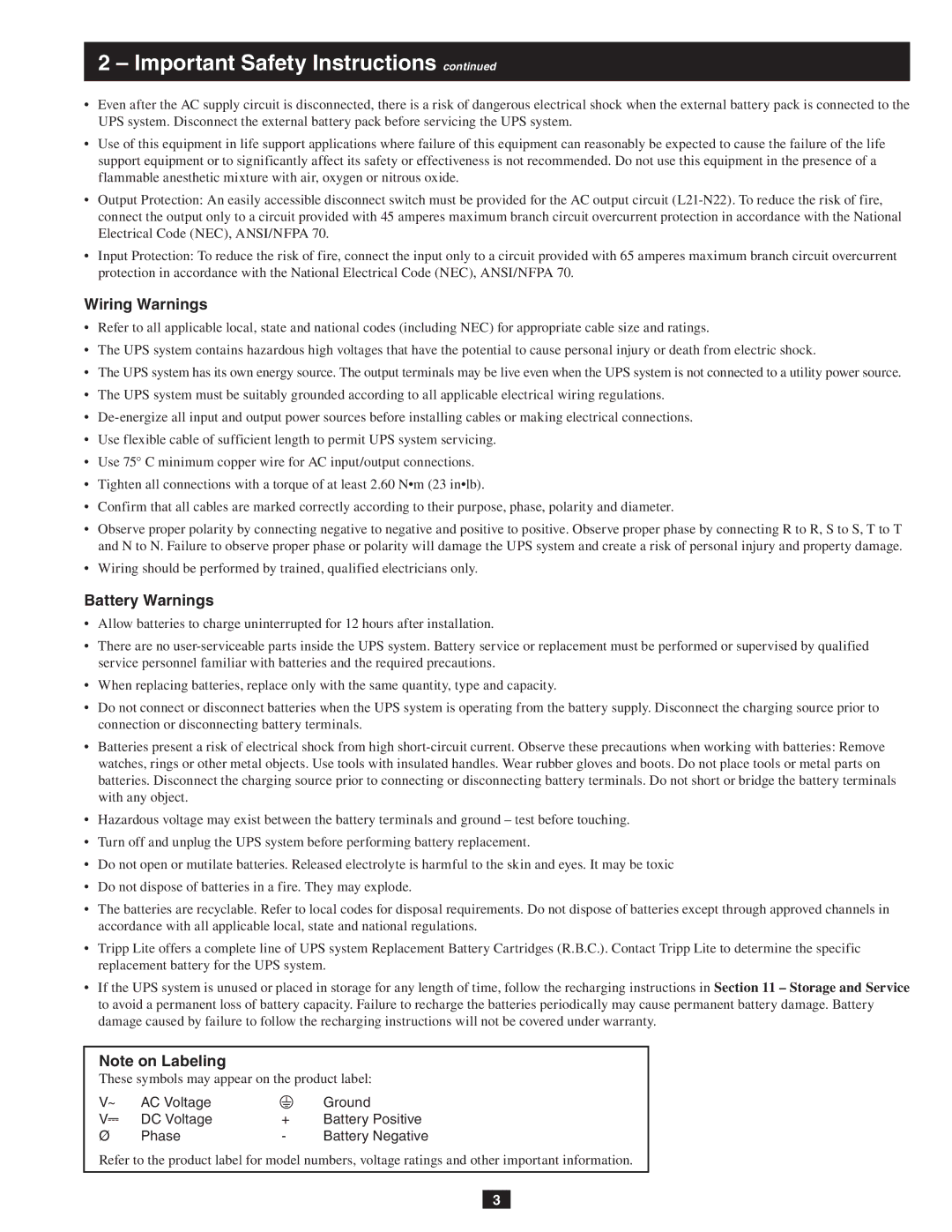 Tripp Lite SU10KRT1X, SU10KRT3 owner manual Wiring Warnings, Battery Warnings 