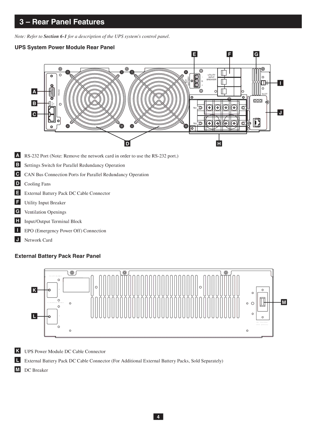 Tripp Lite SU10KRT3, SU10KRT1X Rear Panel Features, UPS System Power Module Rear Panel, External Battery Pack Rear Panel 