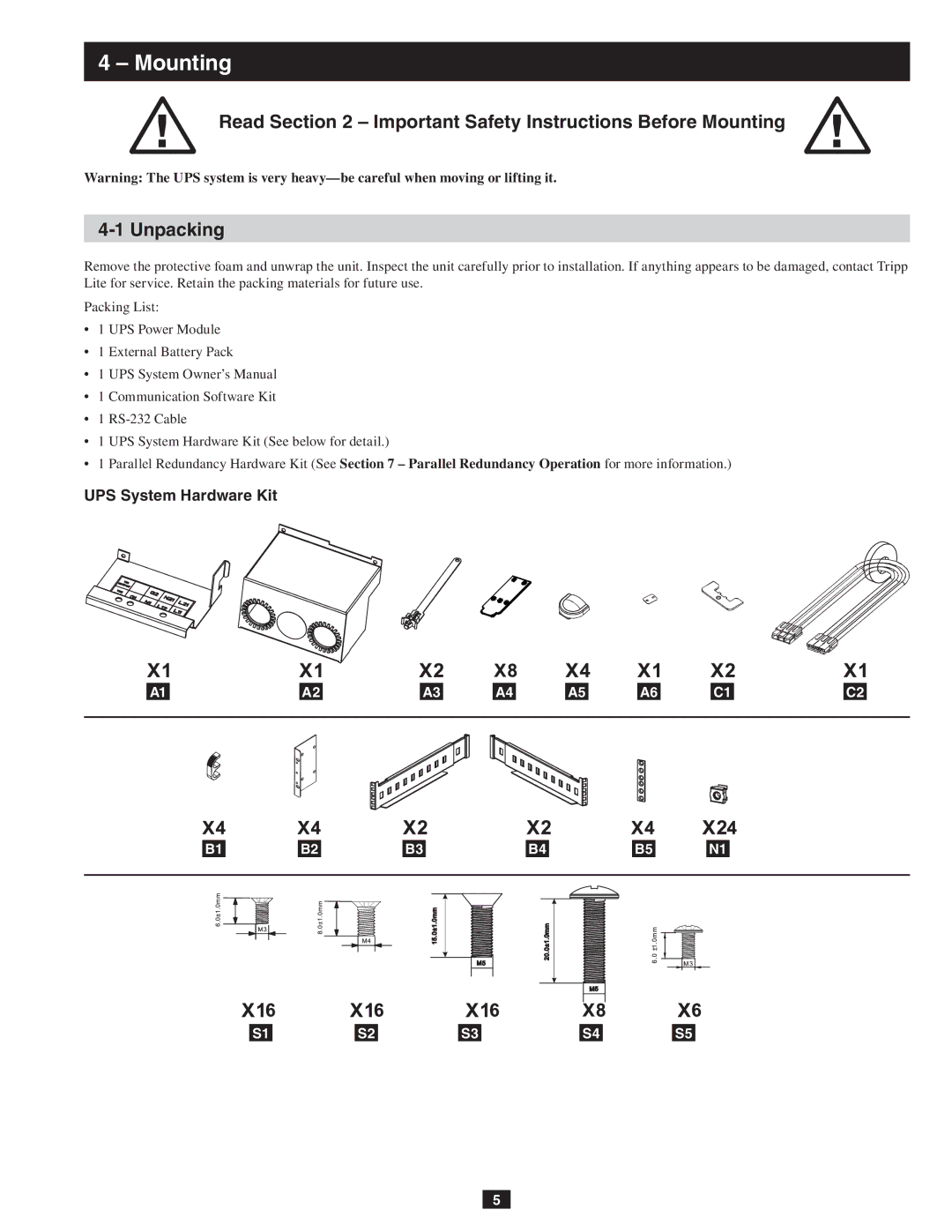 Tripp Lite SU10KRT1X, SU10KRT3 owner manual Mounting, UPS System Hardware Kit 