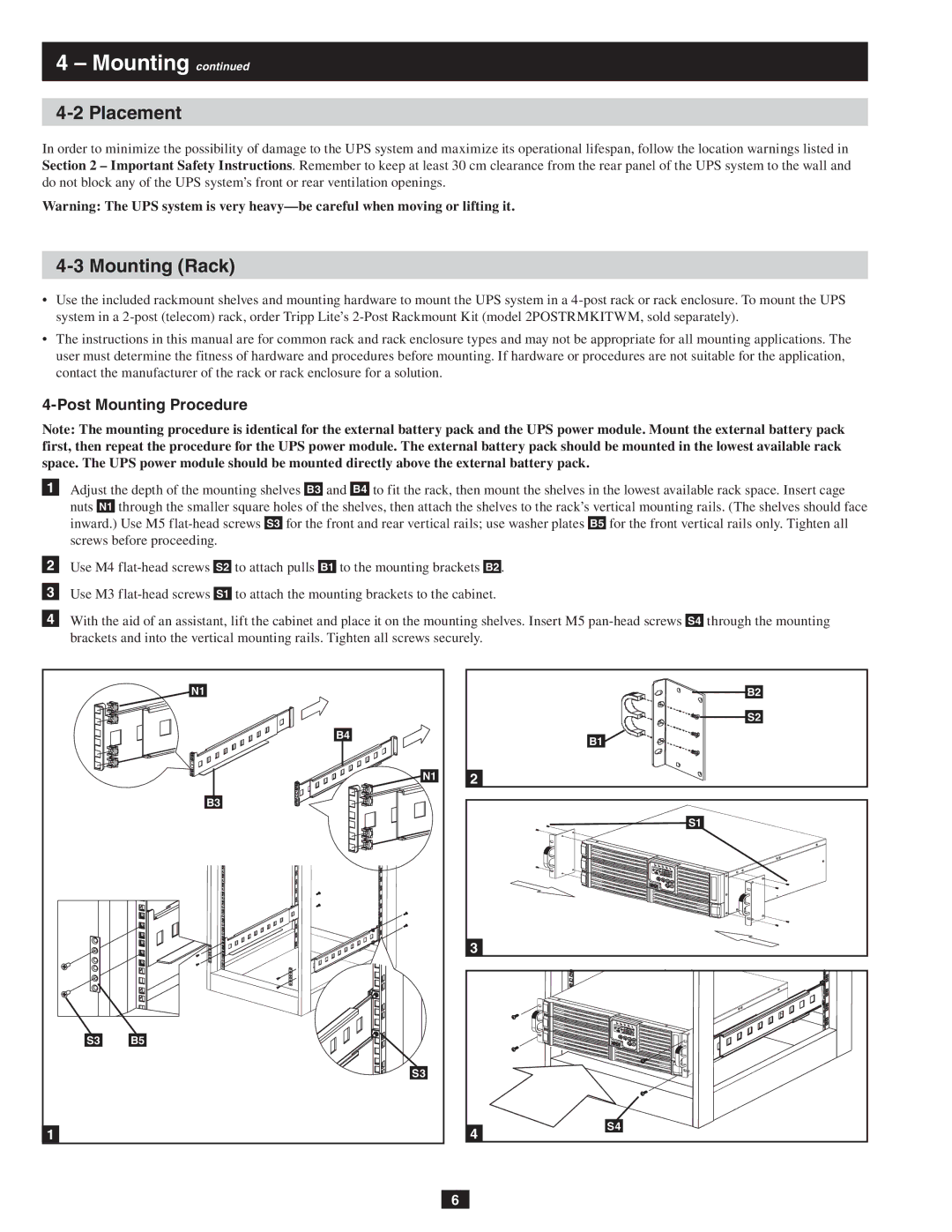 Tripp Lite SU10KRT3, SU10KRT1X owner manual Placement, Mounting Rack, Post Mounting Procedure 