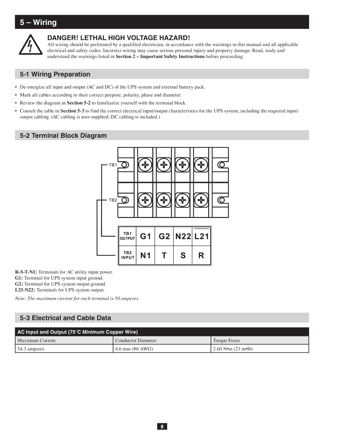 Tripp Lite SU10KRT3, SU10KRT1X owner manual Wiring Preparation, Terminal Block Diagram, Electrical and Cable Data 