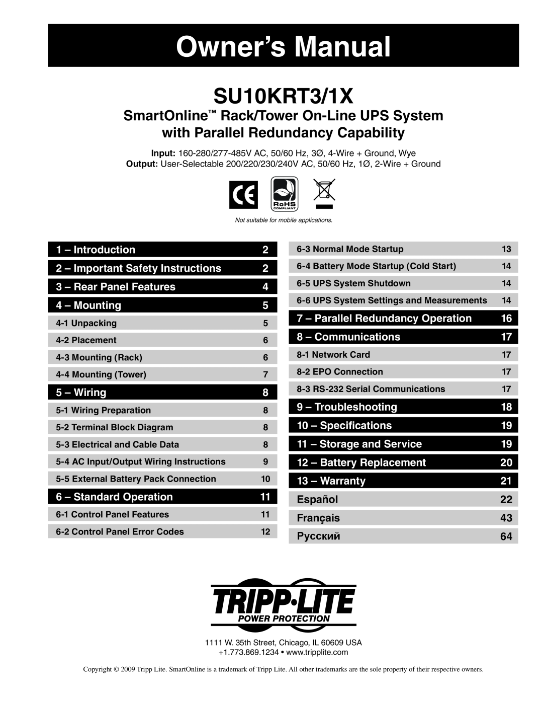 Tripp Lite SU10KRT1X owner manual Español, Français, Owner’s Manual, SU10KRT3/1X, with Parallel Redundancy Capability 