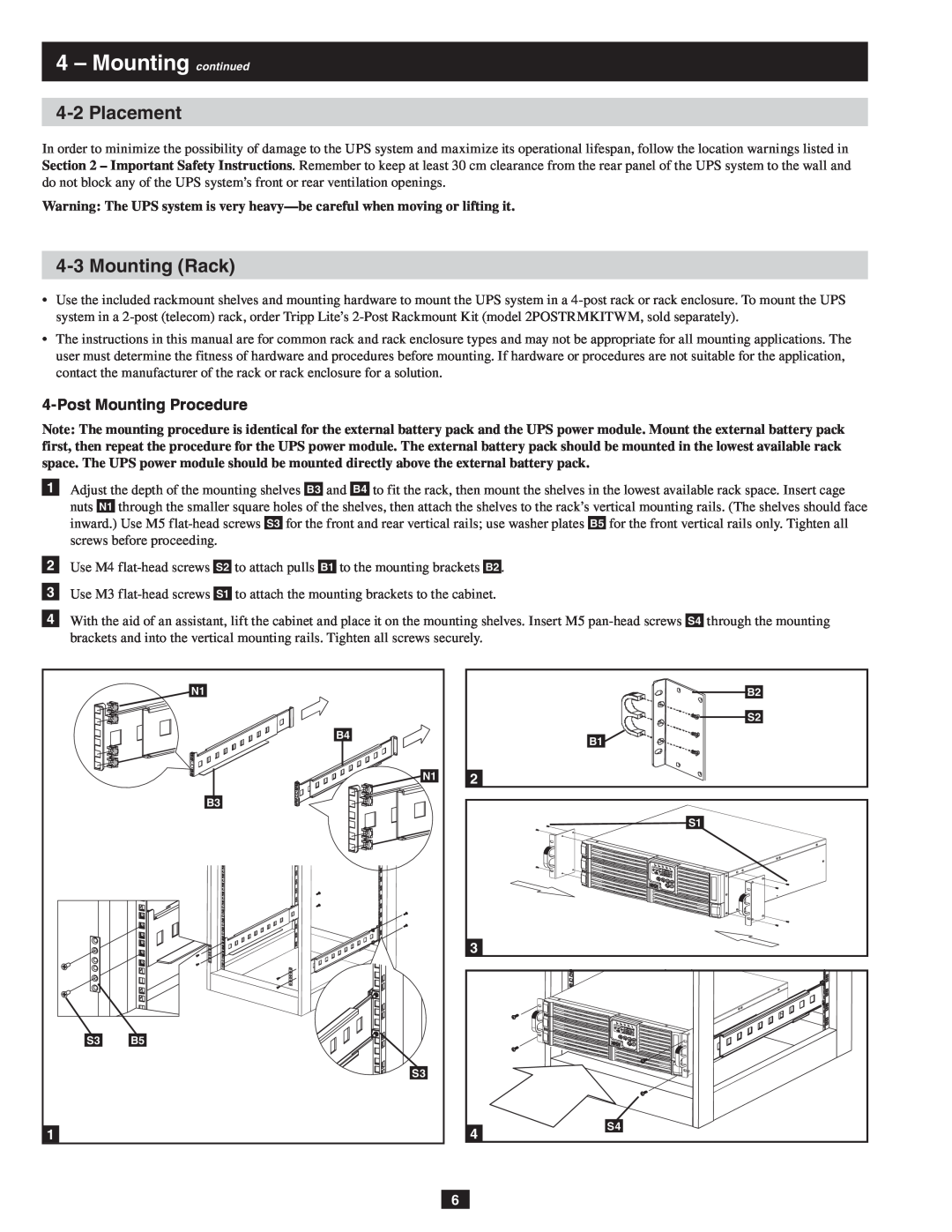 Tripp Lite SU10KRT3, SU10KRT1X owner manual Mounting continued, Placement, Mounting Rack 