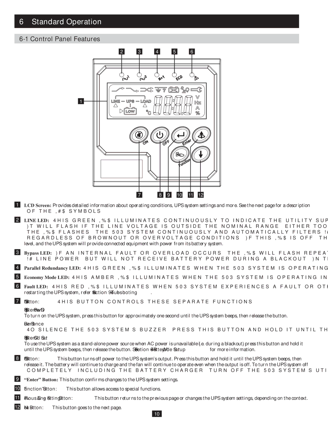 Tripp Lite SU10KRT3/1X owner manual Standard Operation, Control Panel Features, UPS System Power on, Buzzer Silence 