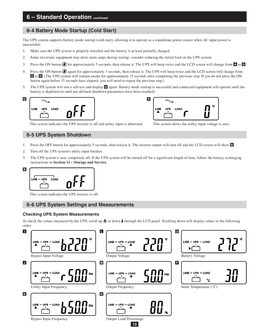 Tripp Lite SU10KRT3/1X Battery Mode Startup Cold Start, UPS System Shutdown, UPS System Settings and Measurements 