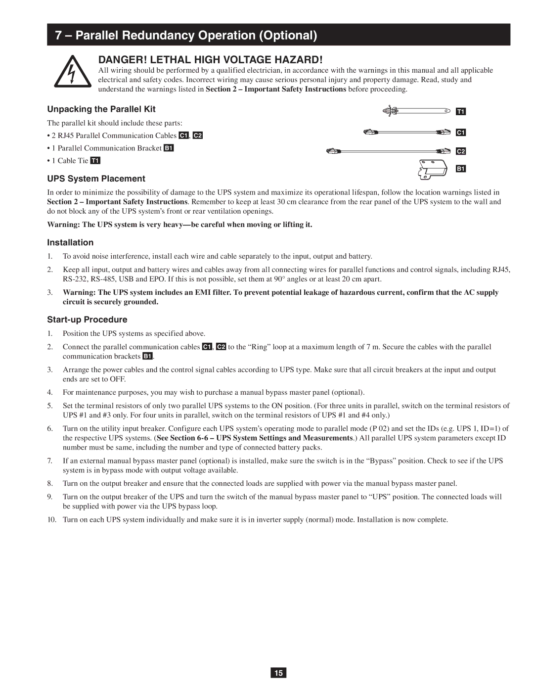 Tripp Lite SU10KRT3/1X Parallel Redundancy Operation Optional, UPS System Placement, Installation, Start-up Procedure 