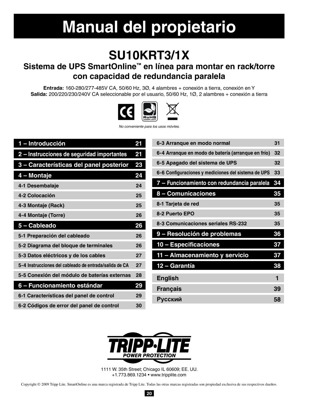 Tripp Lite SU10KRT3/1X owner manual English Français Русский, Desembalaje Colocación Montaje Rack Montaje Torre 