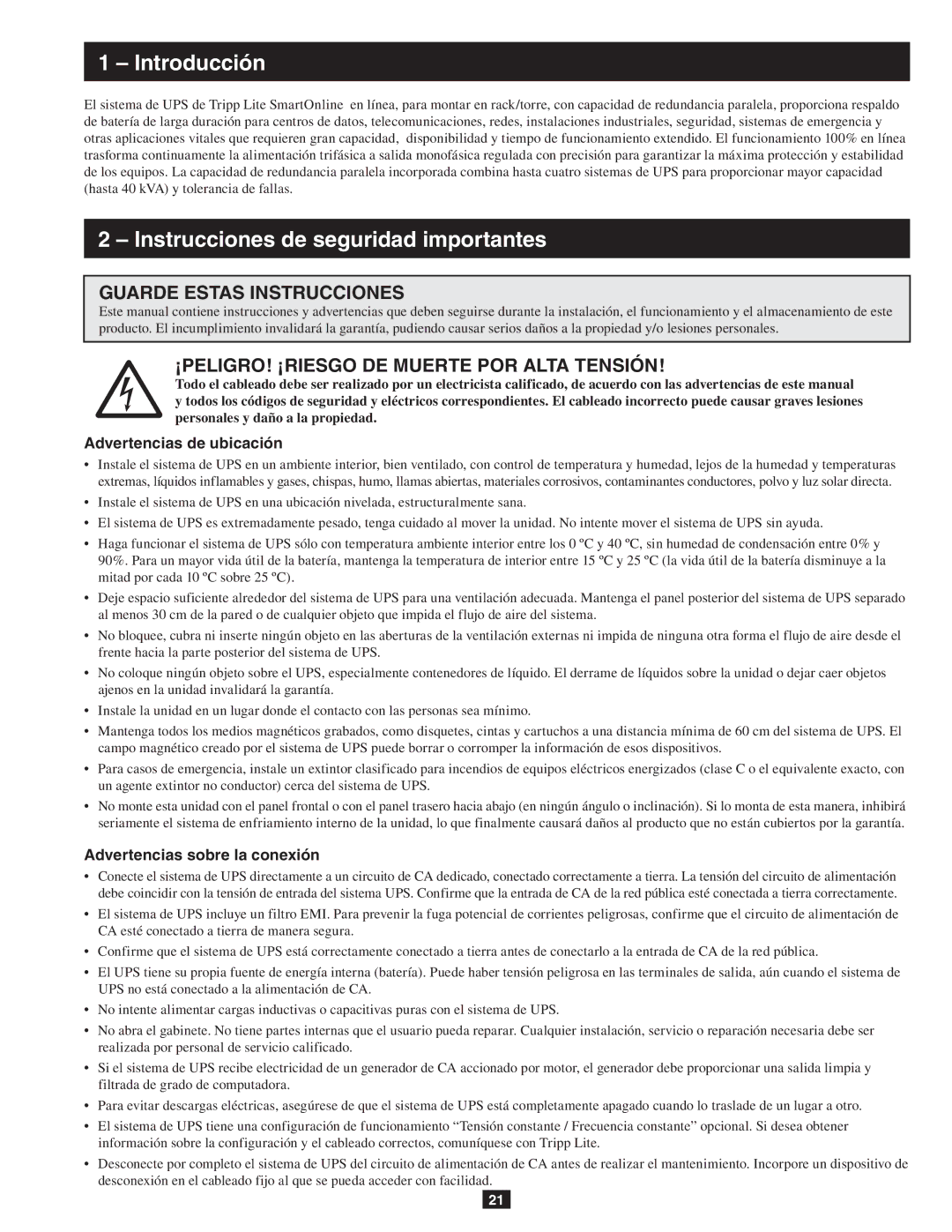 Tripp Lite SU10KRT3/1X owner manual Introducción, Instrucciones de seguridad importantes, Advertencias de ubicación 