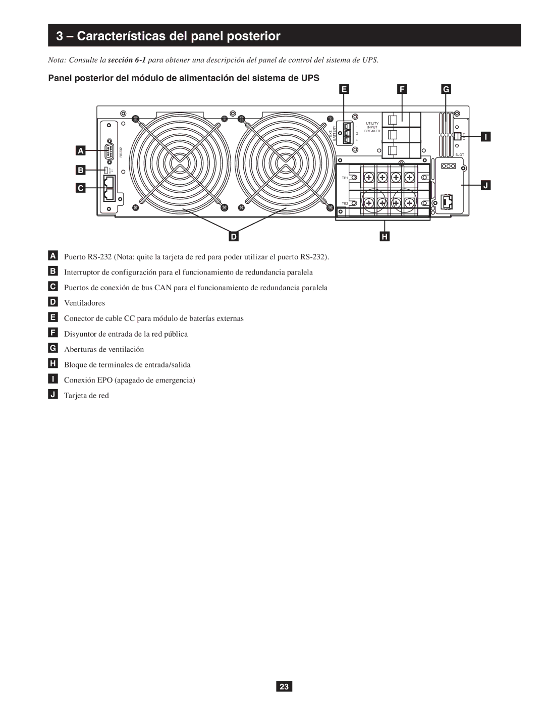 Tripp Lite SU10KRT3/1X owner manual Características del panel posterior 