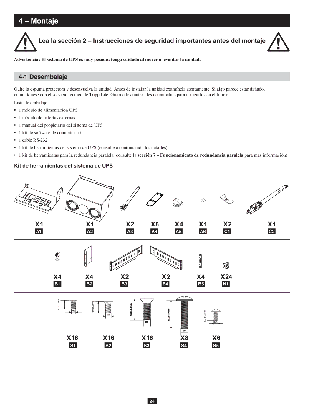 Tripp Lite SU10KRT3/1X owner manual Montaje, Desembalaje, Kit de herramientas del sistema de UPS 