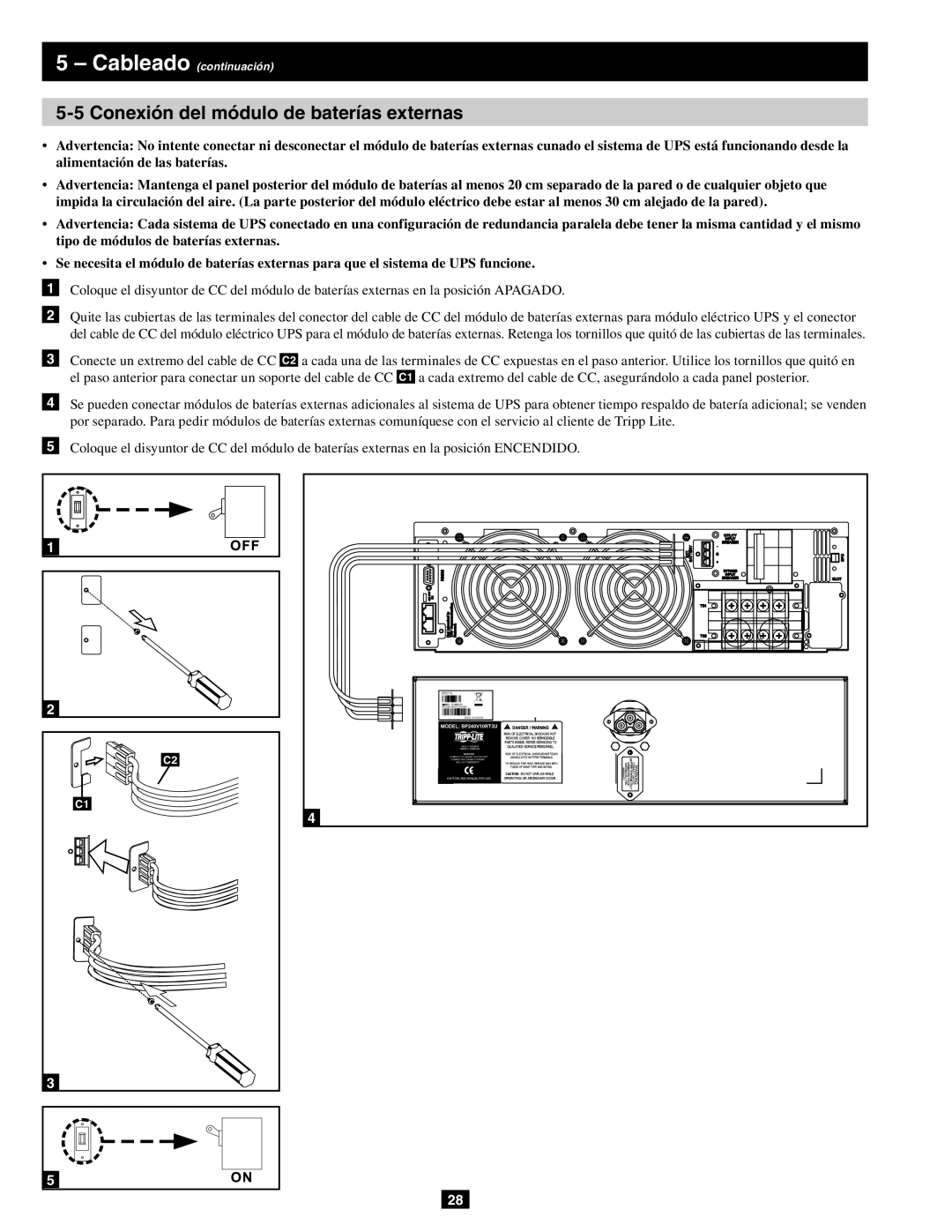 Tripp Lite SU10KRT3/1X owner manual Conexión del módulo de baterías externas 