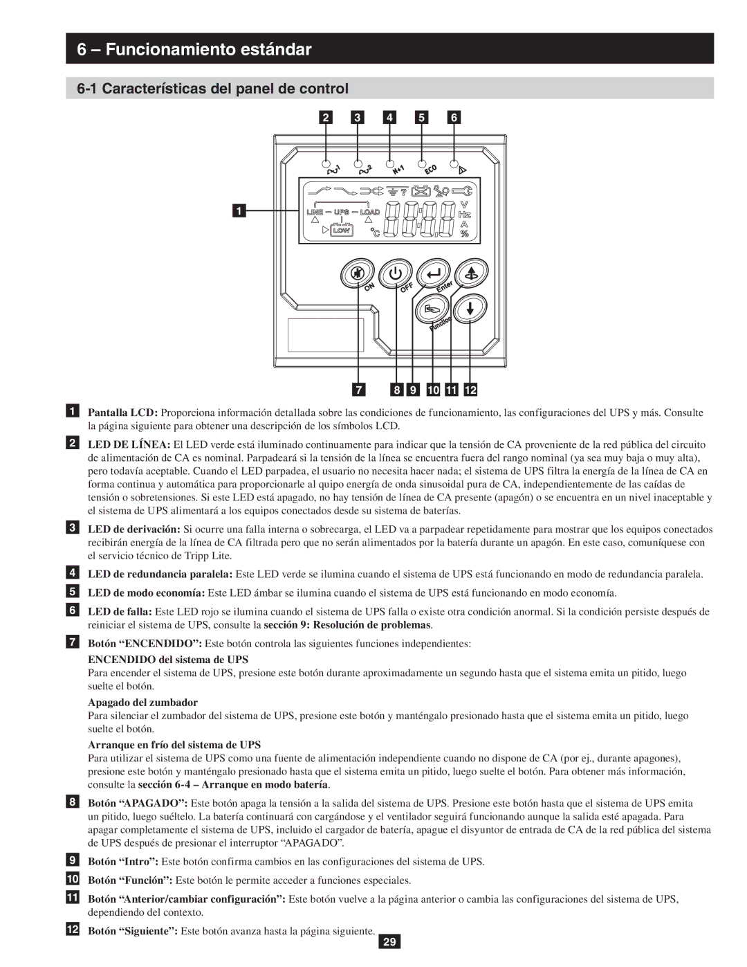 Tripp Lite SU10KRT3/1X owner manual Funcionamiento estándar, Características del panel de control, 9 10 11 
