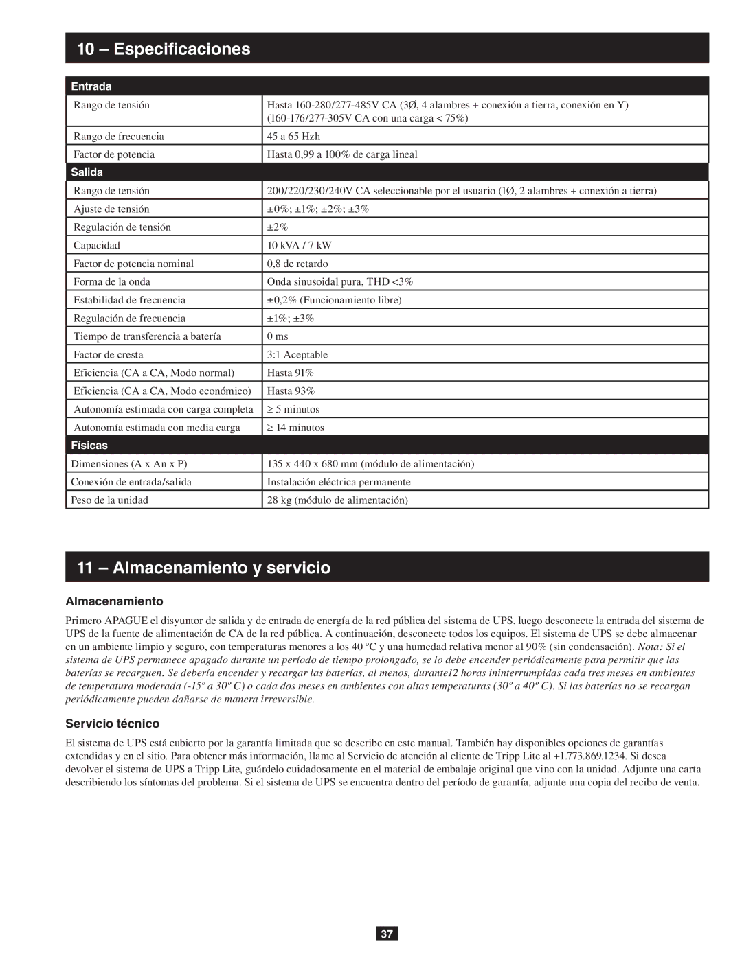Tripp Lite SU10KRT3/1X owner manual Especificaciones, Almacenamiento y servicio, Servicio técnico 