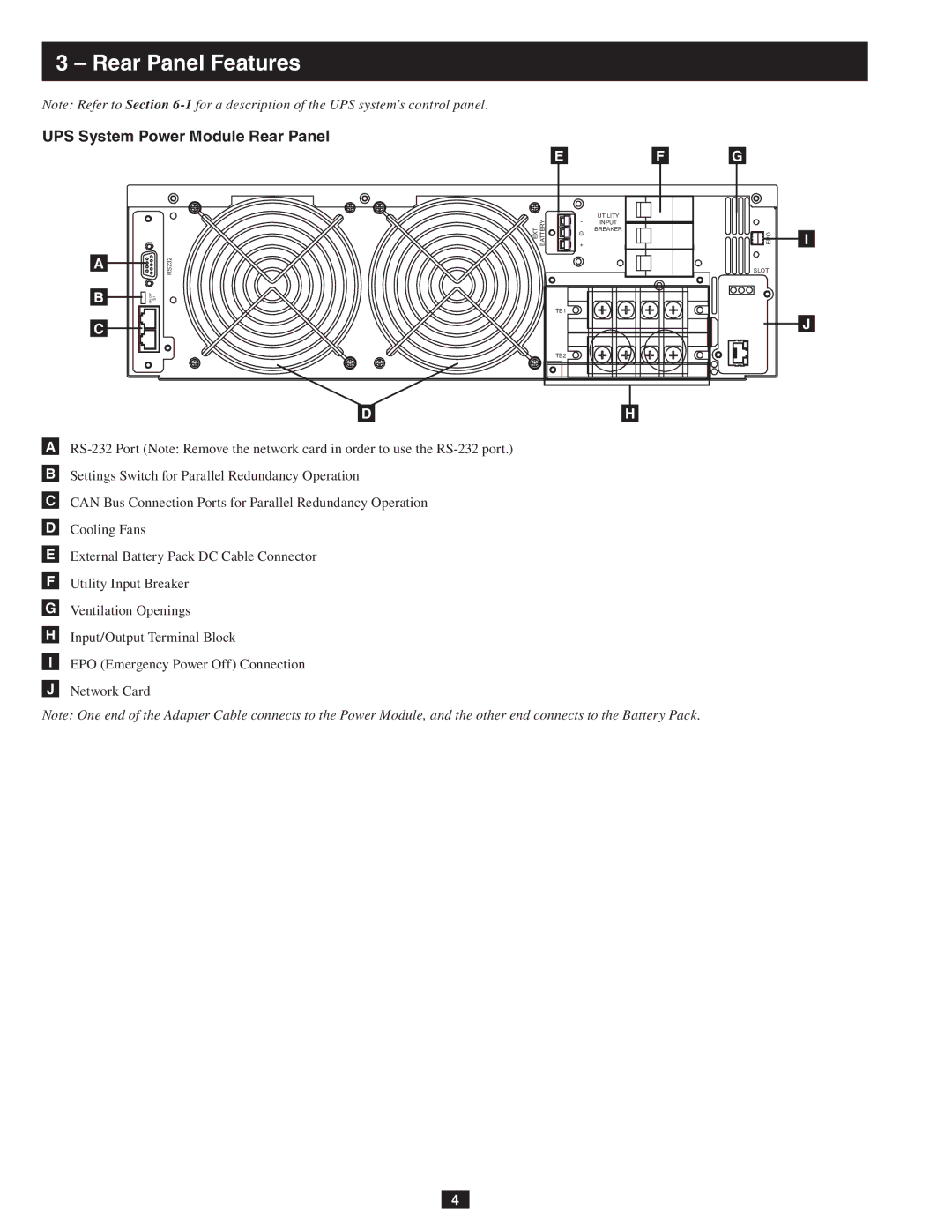 Tripp Lite SU10KRT3/1X owner manual Rear Panel Features, UPS System Power Module Rear Panel 