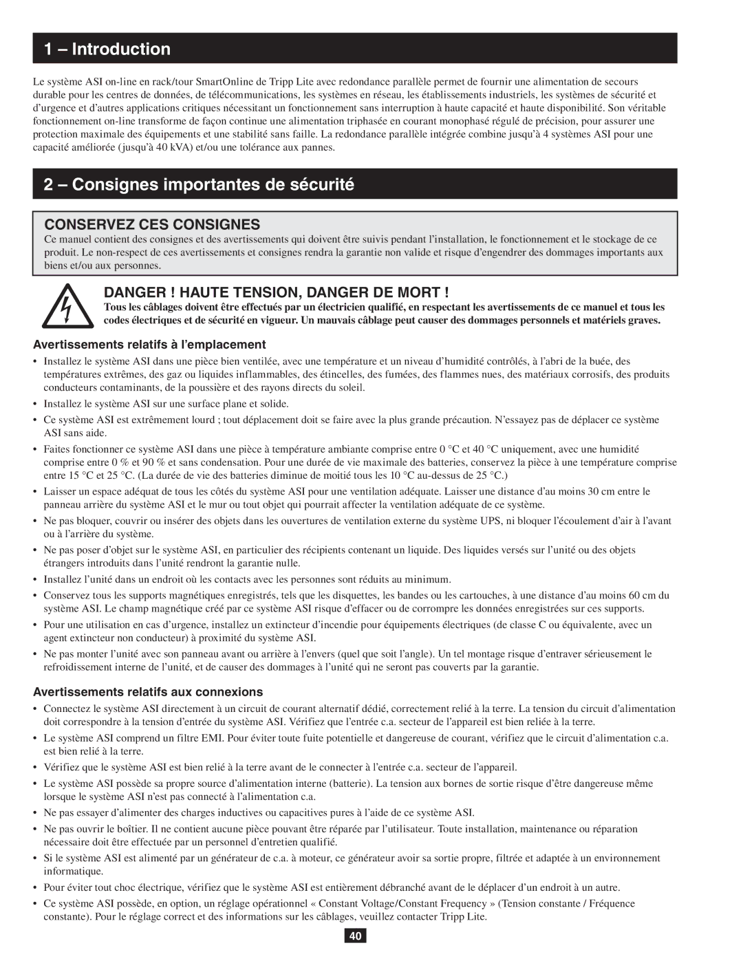 Tripp Lite SU10KRT3/1X owner manual Consignes importantes de sécurité, Avertissements relatifs à l’emplacement 