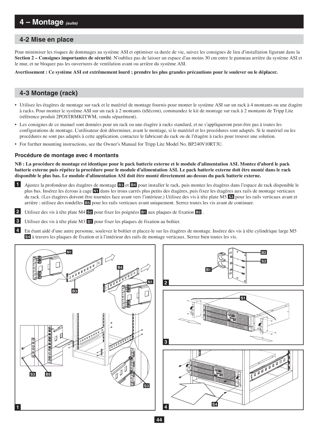 Tripp Lite SU10KRT3/1X owner manual Montage suite, Mise en place, Montage rack, Procédure de montage avec 4 montants 