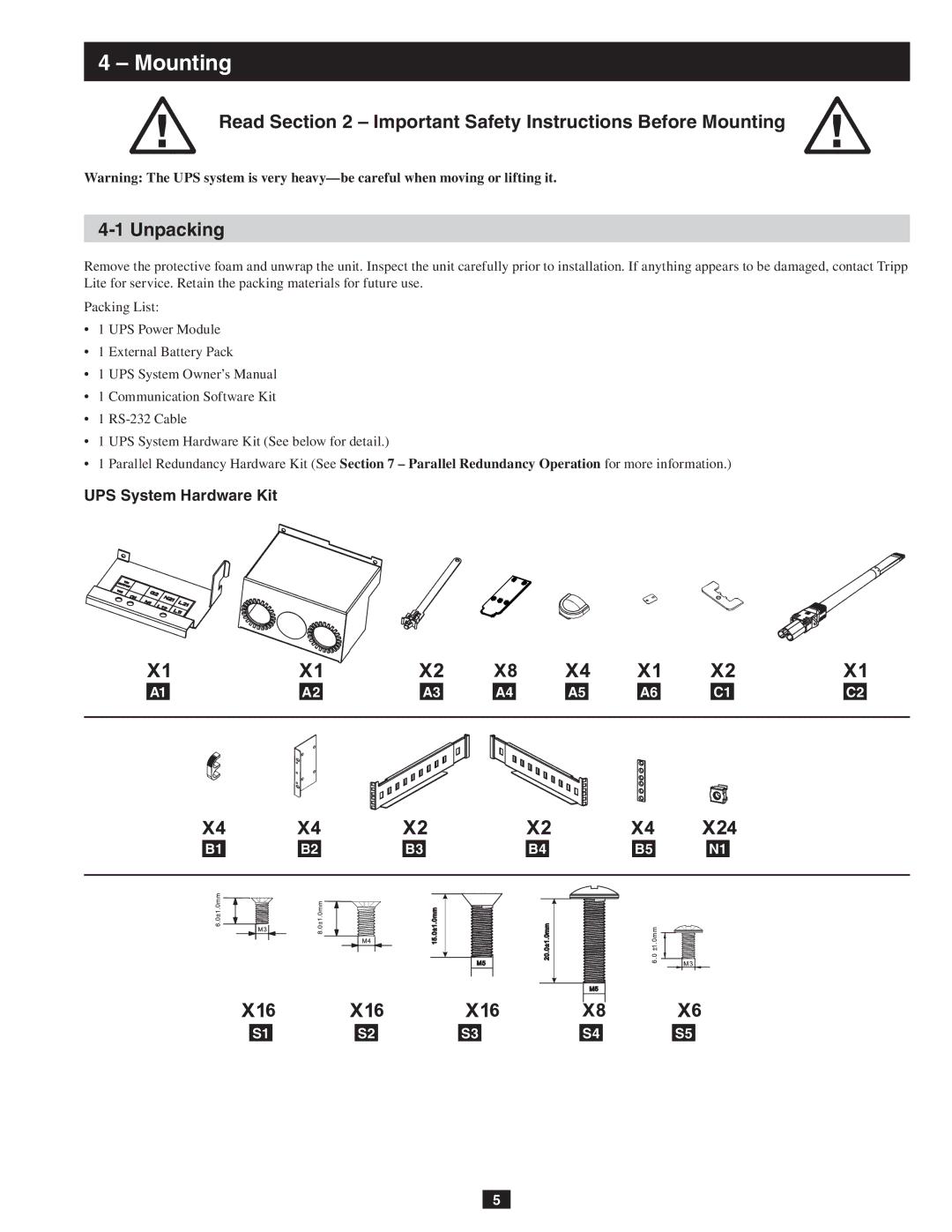 Tripp Lite SU10KRT3/1X owner manual Mounting, UPS System Hardware Kit 