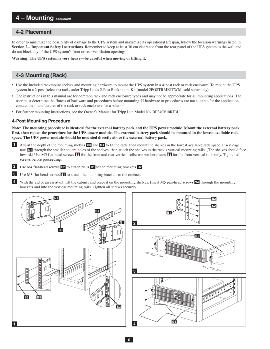 Tripp Lite SU10KRT3/1X owner manual Placement, Mounting Rack, Post Mounting Procedure 