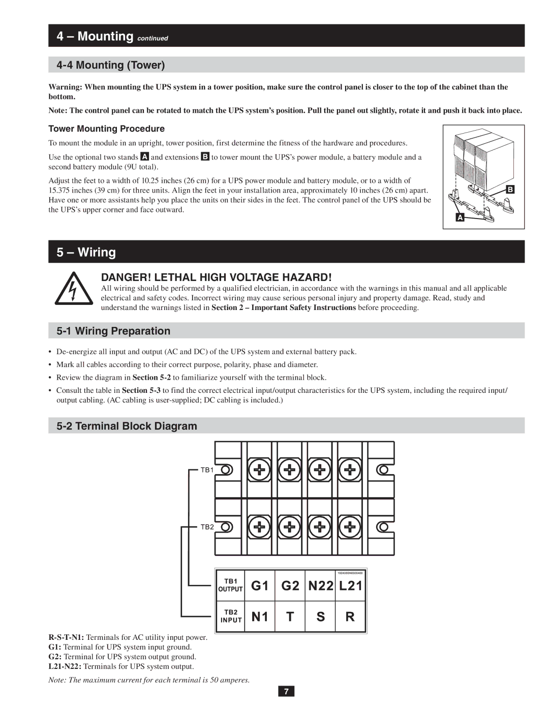 Tripp Lite SU10KRT3/1X Mounting Tower, Wiring Preparation, Terminal Block Diagram, Tower Mounting Procedure 