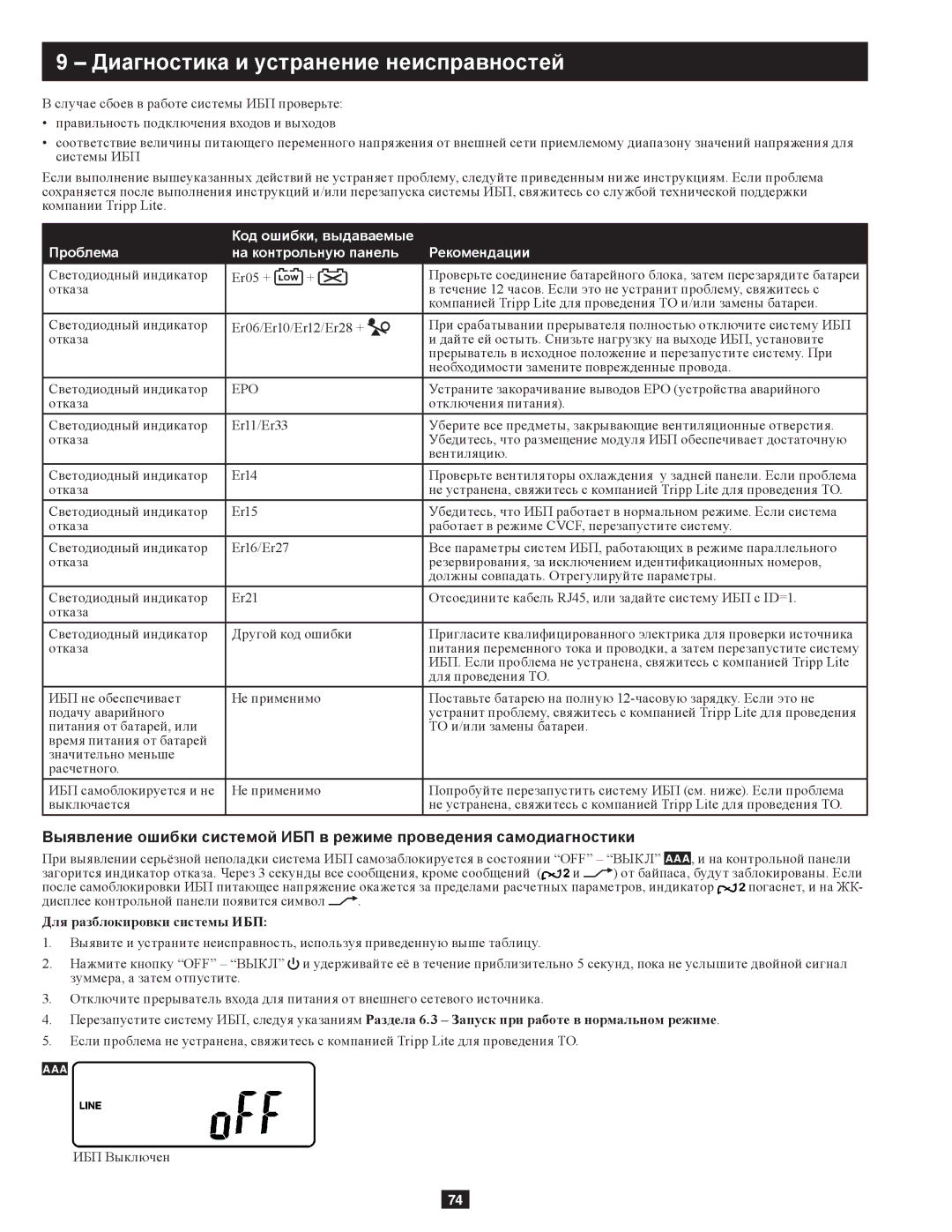 Tripp Lite SU10KRT3/1X owner manual Диагностика и устранение неисправностей, Для разблокировки системы ИБП 