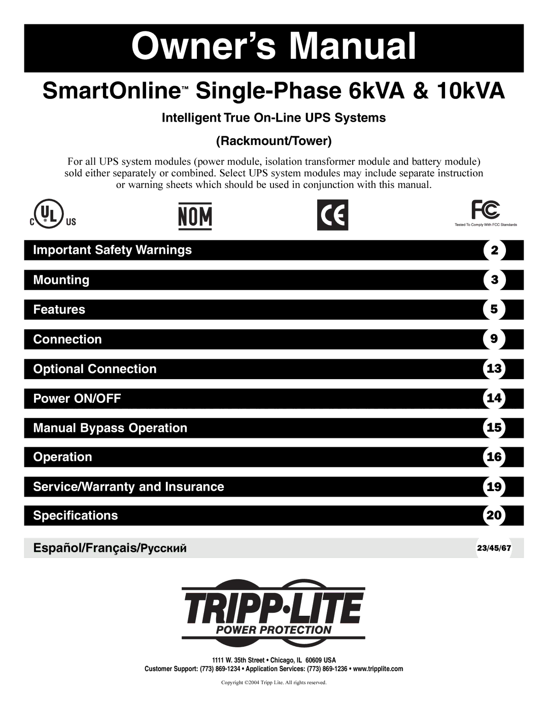 Tripp Lite SU6000RT3UXR, SU10KRT3U owner manual SmartOnline Single-Phase 6kVA & 10kVA 