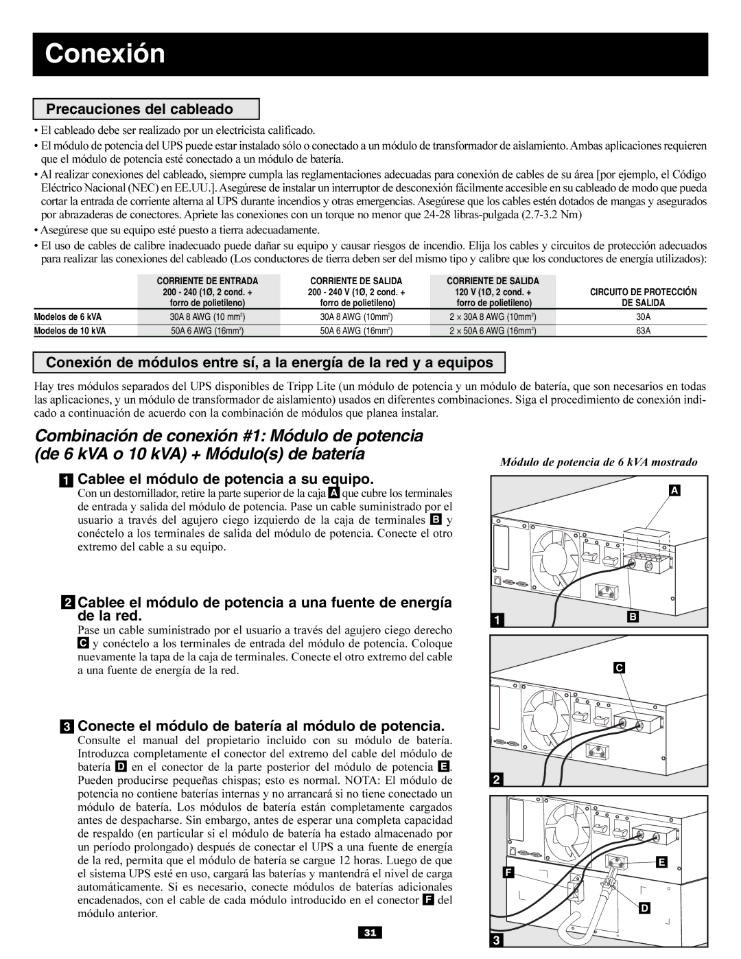 Tripp Lite SU6000RT3UXR, SU10KRT3U Conexión, Precauciones del cableado, Cablee el módulo de potencia a su equipo 