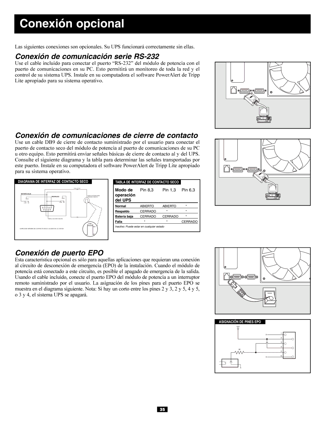 Tripp Lite SU10KRT3U, SU6000RT3UXR owner manual Conexión opcional, Conexión de comunicación serie RS-232 