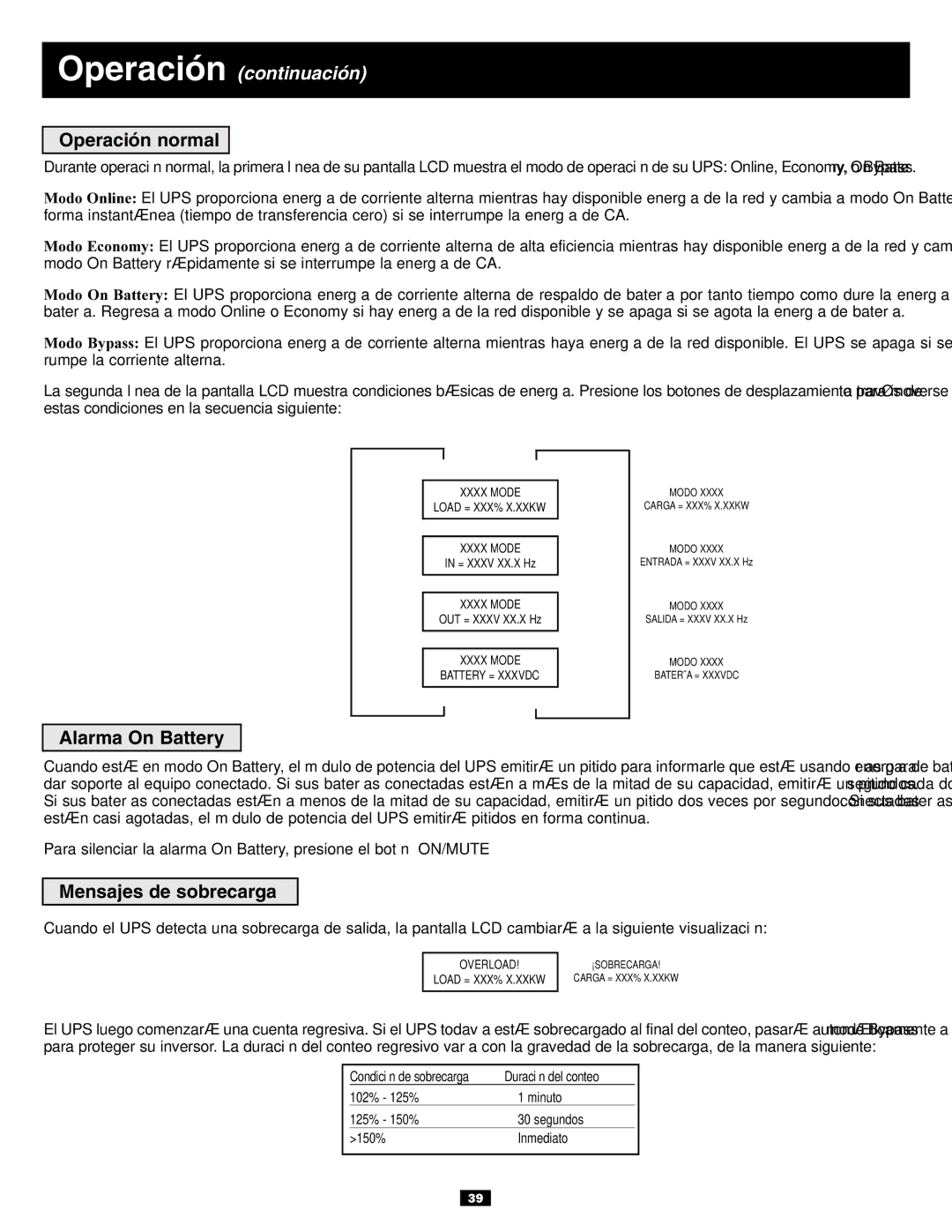 Tripp Lite SU10KRT3U, SU6000RT3UXR owner manual Operación normal, Alarma On Battery, Mensajes de sobrecarga 