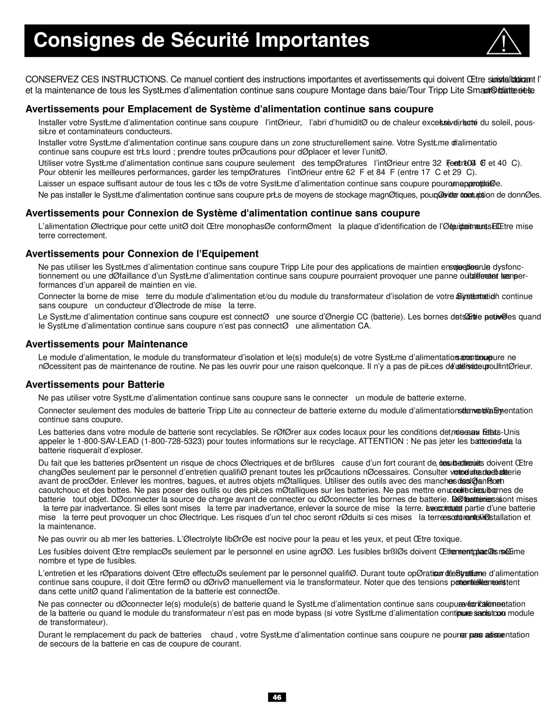 Tripp Lite SU6000RT3UXR, SU10KRT3U Consignes de Sécurité Importantes, Avertissements pour Connexion de lEquipement 