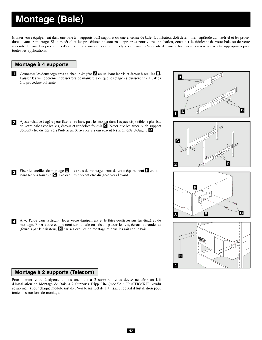 Tripp Lite SU10KRT3U, SU6000RT3UXR owner manual Montage Baie, Montage à 4 supports, Montage à 2 supports Telecom 
