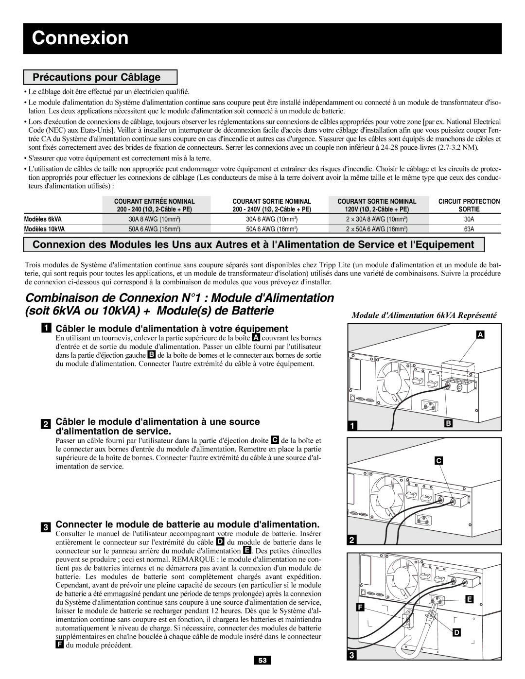 Tripp Lite SU6000RT3U, SU10KRT3U Connexion, Précautions pour Câblage, Courant Entrée Nominal Courant Sortie Nominal 