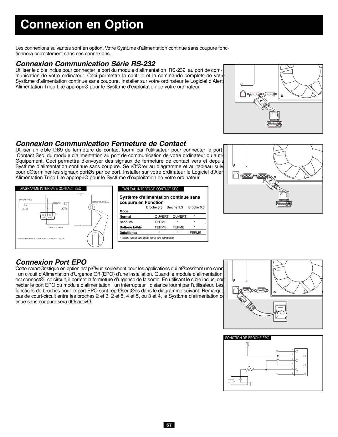 Tripp Lite SU10KRT3U, SU6000RT3UXR owner manual Connexion en Option, Connexion Communication Série RS-232 