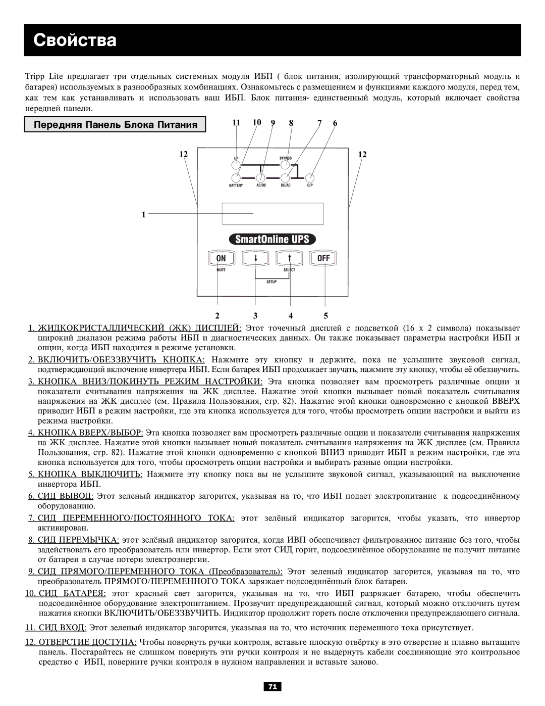 Tripp Lite SU10KRT3U, SU6000RT3UXR owner manual Ñâîéñòâà, Ïåðåäíÿÿ Ïàíåëü Áëîêà Ïèòàíèÿ 