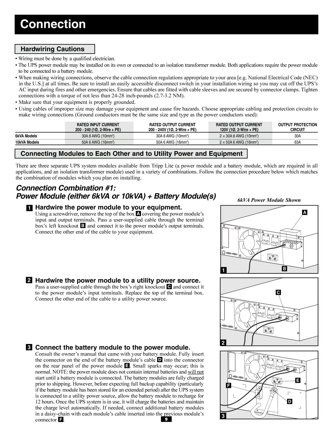 Tripp Lite SU10KRT3U, SU6000RT3UXR owner manual Connection, Hardwiring Cautions, Hardwire the power module to your equipment 