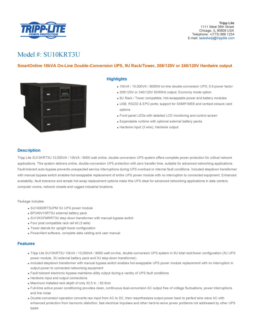 Tripp Lite user manual Highlights, Description, Features, Model # SU10KRT3U 