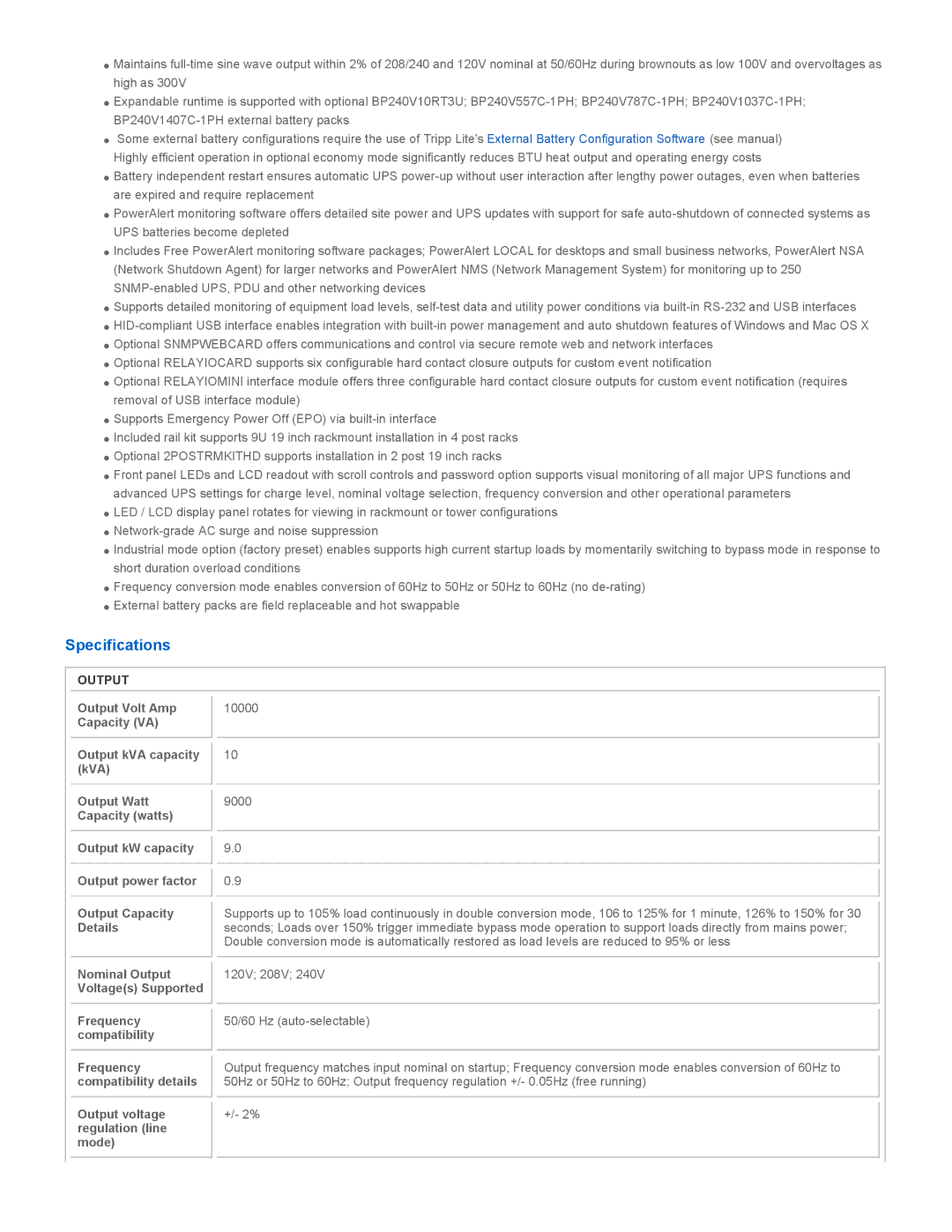 Tripp Lite SU10KRT3U user manual Specifications, Output kVA capacity kVA, Frequency compatibility 