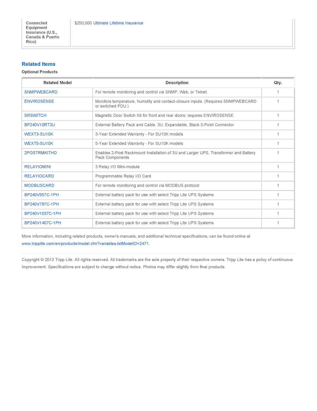 Tripp Lite SU10KRT3U user manual Related Items, Connected Equipment Insurance U.S Canada & Puerto Rico 