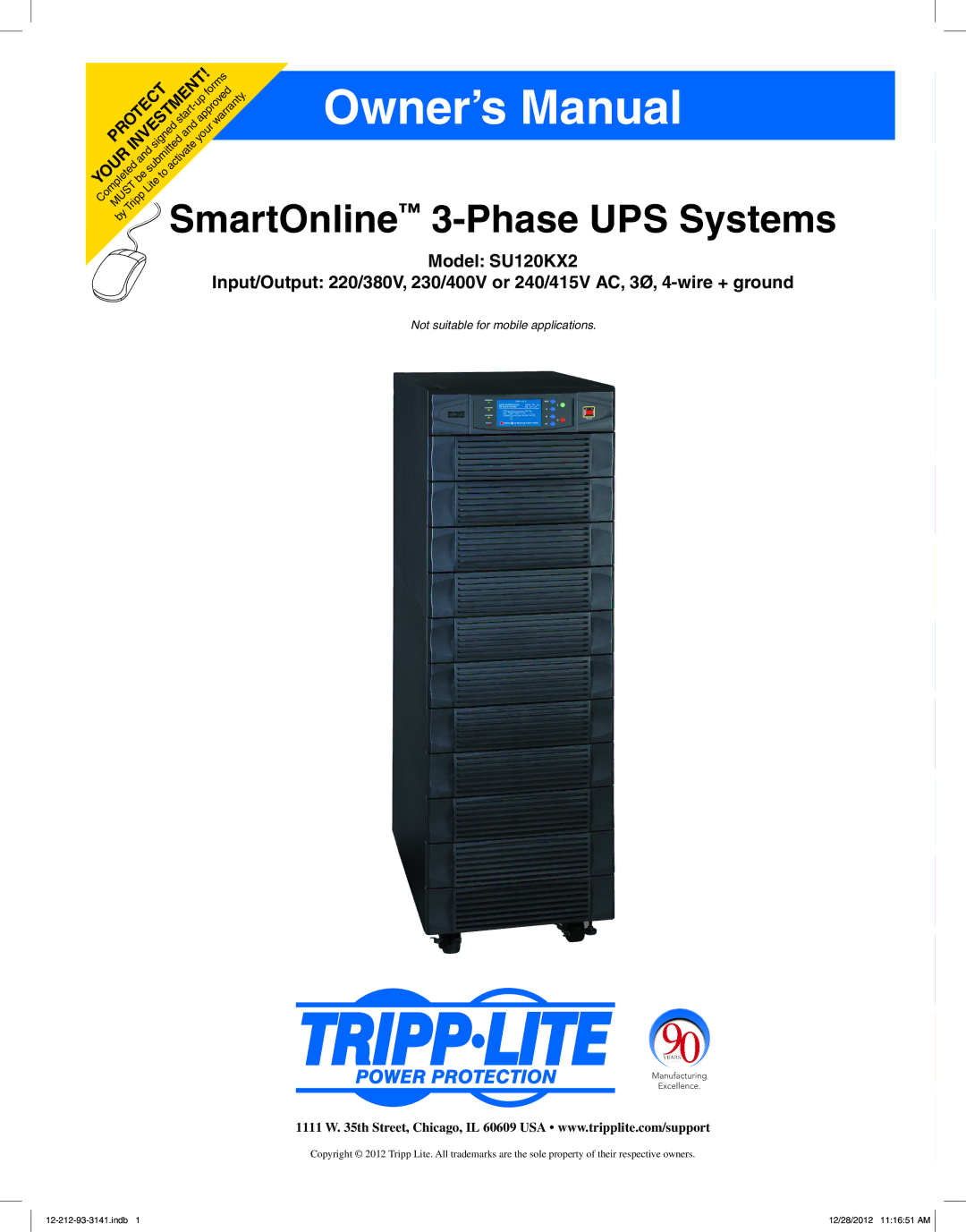 Tripp Lite SU120KX2 owner manual SmartOnline 3-Phase UPS Systems 