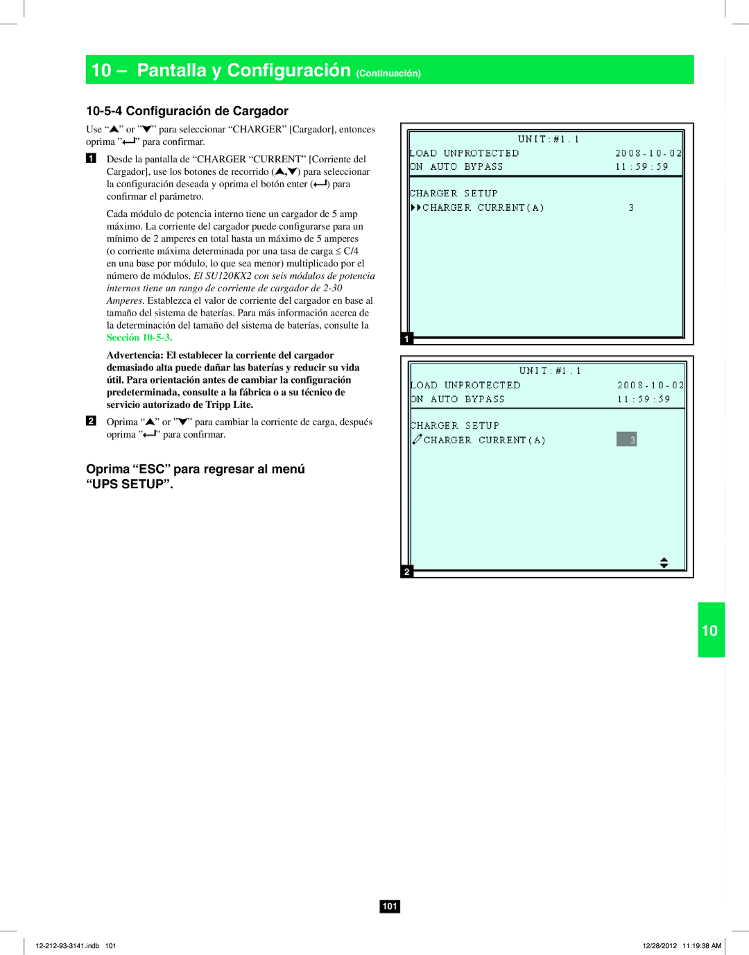 Tripp Lite SU120KX2 owner manual Configuración de Cargador, Oprima ESC para regresar al menú UPS Setup 