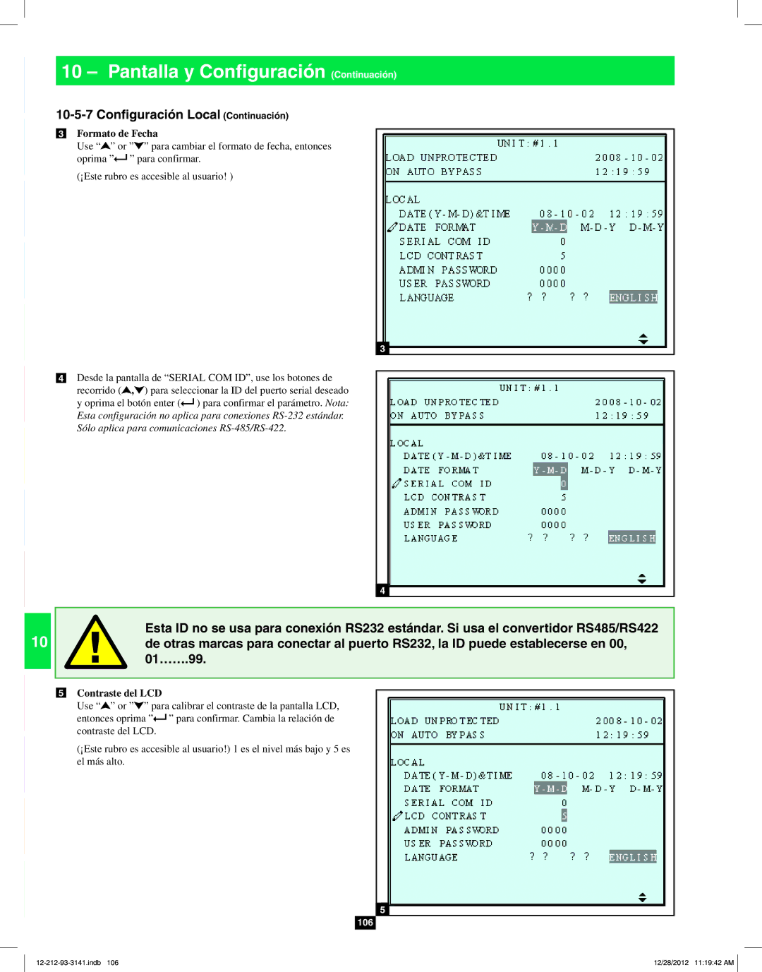 Tripp Lite SU120KX2 owner manual Configuración Local Continuación, Formato de Fecha, Contraste del LCD 