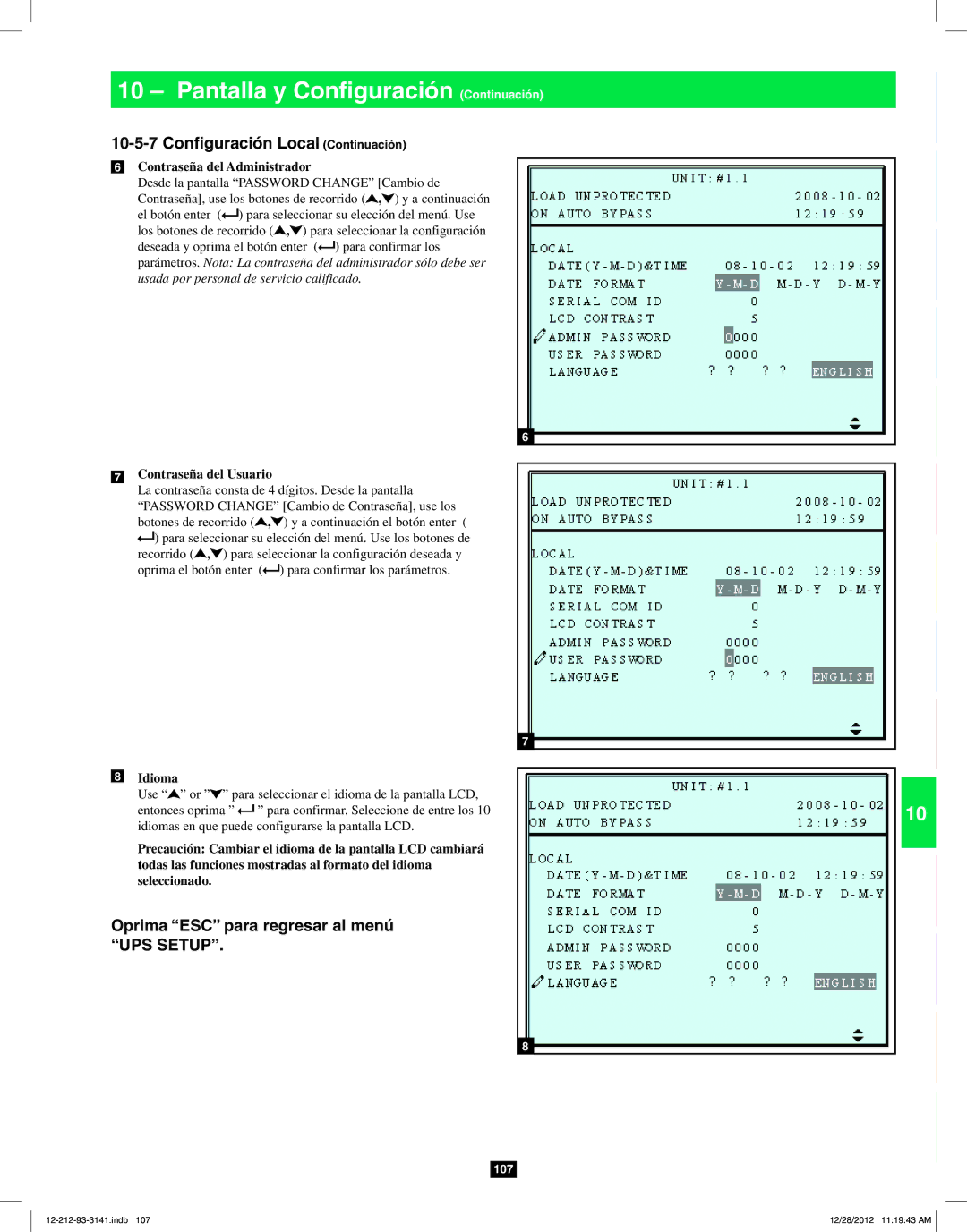 Tripp Lite SU120KX2 owner manual Contraseña del Administrador, Contraseña del Usuario, Idioma 