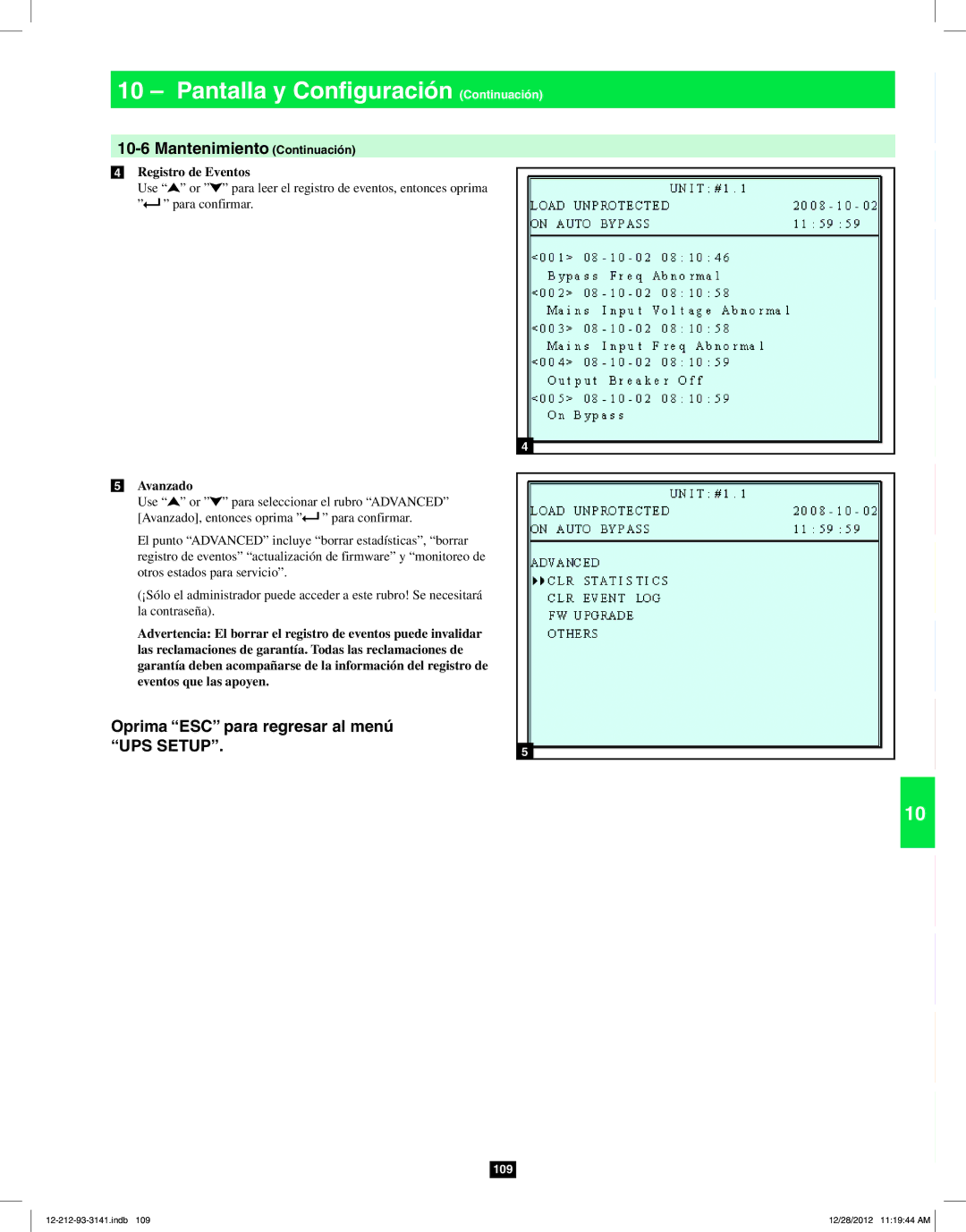 Tripp Lite SU120KX2 owner manual Mantenimiento Continuación, Registro de Eventos, Avanzado 